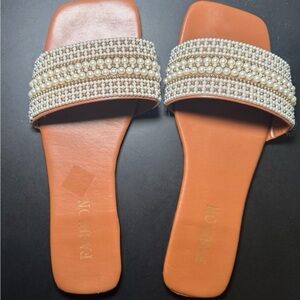 Women's Tan Pearl Embellished Sandals